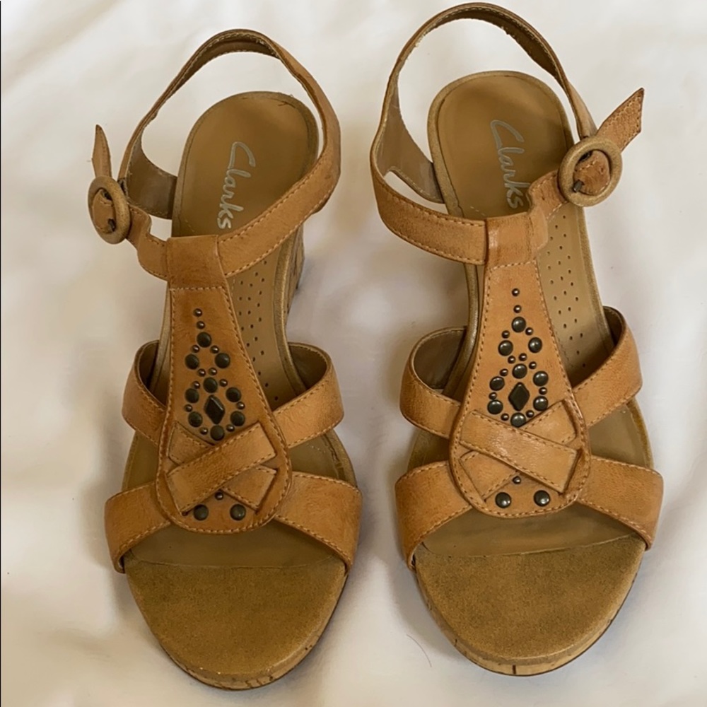 Clarks cork and leather wedge sandal
